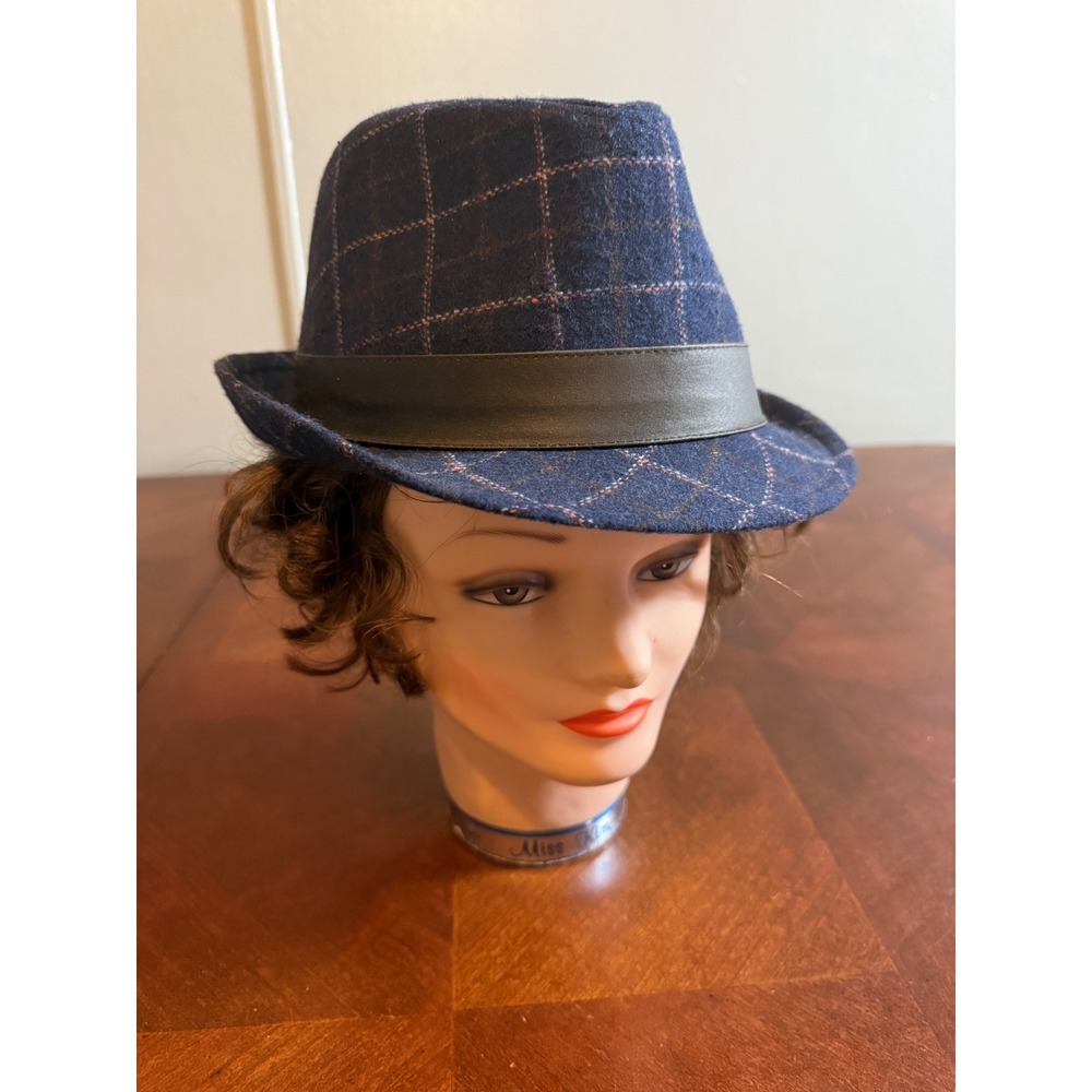 Cremieux Collection Navy Blue Windowpane Plaid Wool Blend Fedora Hat S/M
